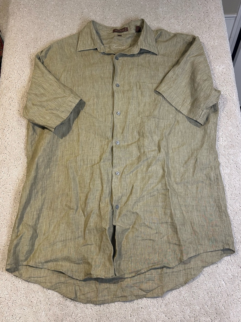 Tasso Elba 100% Linen Green/Brown Shirt Men's Button Up Short Sleeve Size L